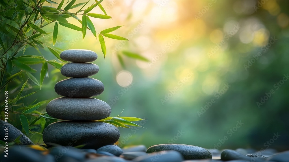 Stacked Stones with a Blurred Background of Green Foliage and Sunlight Stacked Stones with a Blurred Background of Green Foliage and Sunlight