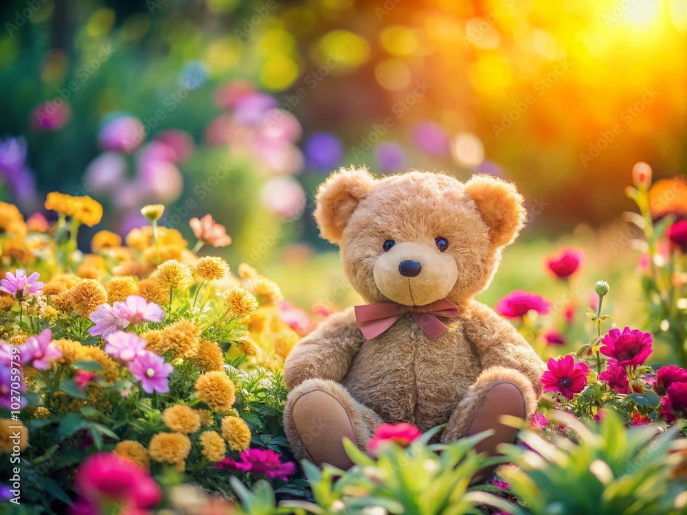 Fototapeta premium Thank You Teddy - Charming Tilt-Shift Photography of a Stuffed Bear Surrounded by Colorful Flowers and Soft Light