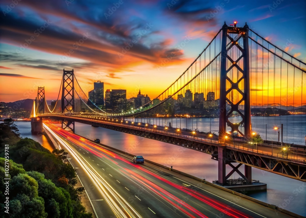 Obraz premium The Bay Bridge glows beautifully at dusk, with streams of evening traffic flowing beneath its majestic arches in the vibrant city of San Francisco.
