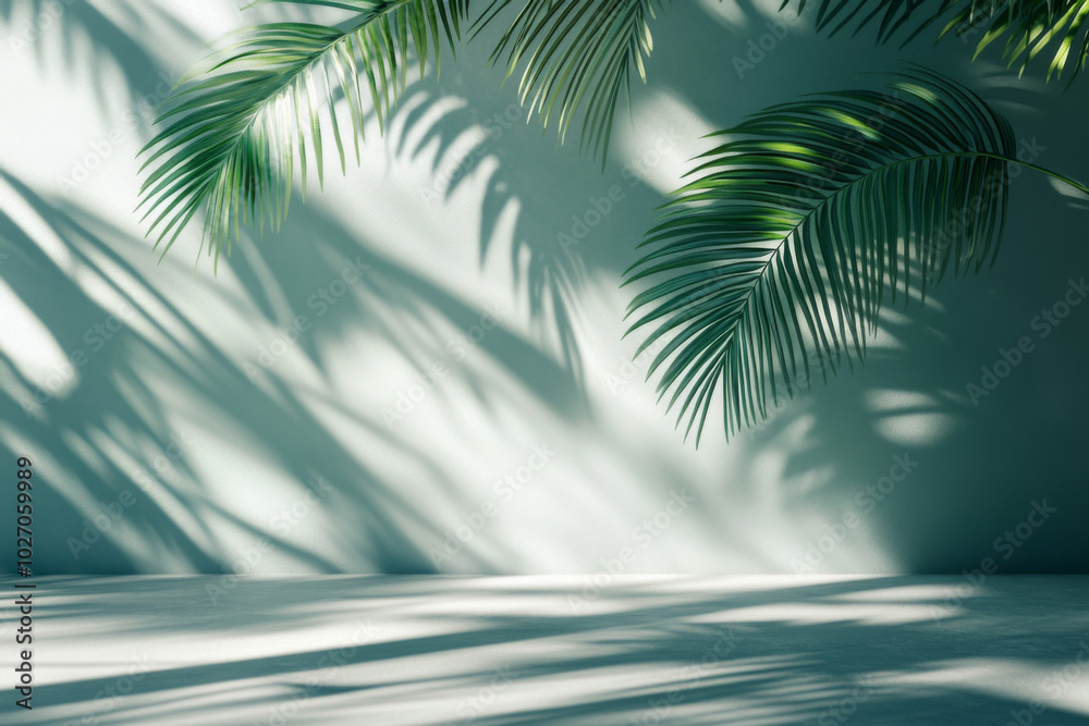 Lush green palm leaves casting shadows on a serene backdrop in daylight Lush green palm leaves casting shadows on a serene backdrop in daylight