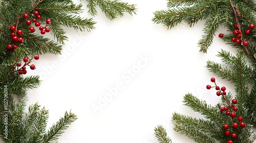 Cross with Christmas border of evergreen branches and red berries on a white background with copy space --ar 16:9 --v 6.1 Job ID: 98dccac8-9d26-4b91-88f3-702caa76f570