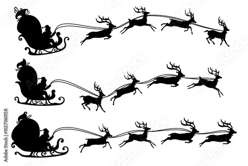 Santa Claus is flying in sleigh with Christmas reindeer. Black silhouette of Santa Claus and Sleigh Reindeer.