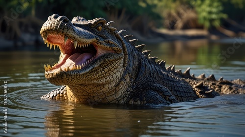 A crocodile basks in the warm sun on the riverbank. Its scaly skin glistens, and its powerful jaws reveal a series of sharp teeth.