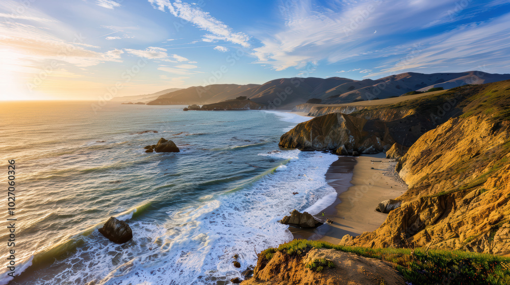 Breathtaking coastal landscape featuring cliffs, sandy beach, and waves crashing against shore under vibrant sunset sky. serene atmosphere invites relaxation and reflection Breathtaking coastal landscape featuring cliffs, sandy beach, and waves crashing against shore under vibrant sunset sky. serene atmosphere invites relaxation and reflection