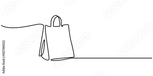 Continuous one line drawing of shopping bag. Simple one line art paper bag vector illustration, Shopping bag one line continuous. Shopping bag line art. Hand drawn vector art, Continuous Line Drawing
