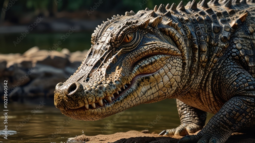 Fototapeta premium A crocodile basks in the warm sun on the riverbank. Its scaly skin glistens, and its powerful jaws reveal a series of sharp teeth.