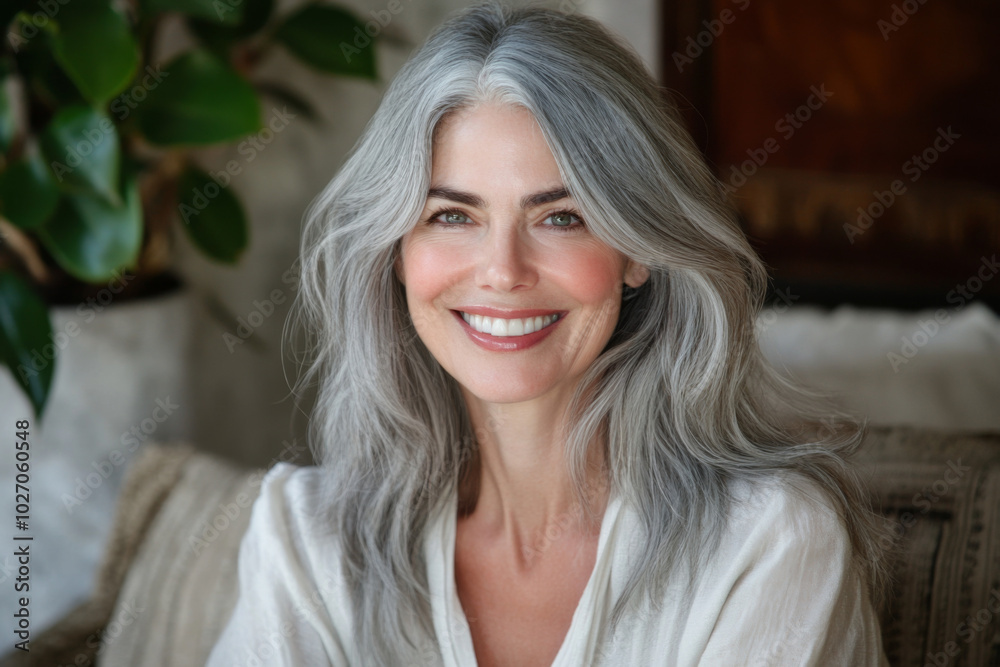 Fototapeta premium Smiling woman with gray hair sits comfortably indoors surrounded by greenery