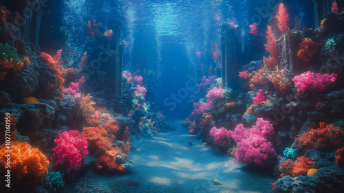 A colorful underwater scene with a path of pink and orange coral. Scene is bright and cheerful, with the vibrant colors of the coral and the blue water creating a sense of wonder and excitement