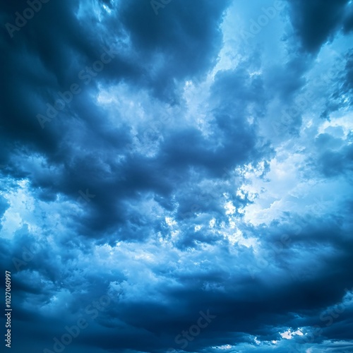 Scenic Panoramic View of Stormy Sky at Dusk, Featuring Dark Blue Gray Clouds and Ominous Overcast Before Rain, Emphasizing the Drama of the Blue Hour Cloudscape