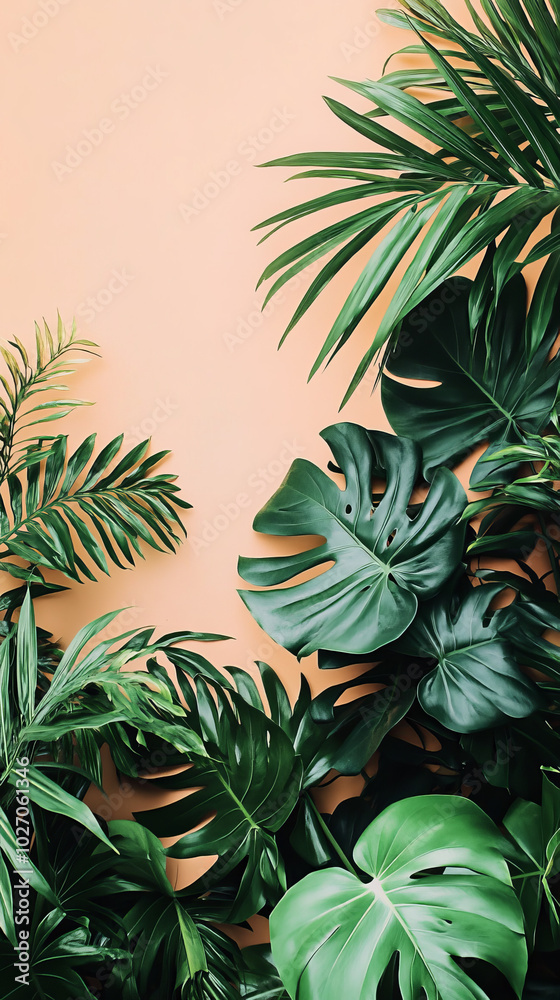 A tropical botanical background with copy space oversized, lush green palm leaves and monstera plants around edges framing a soft muted peach background vacation theme center area A tropical botanical background with copy space oversized, lush green palm leaves and monstera plants around edges framing a soft muted peach background vacation theme center area