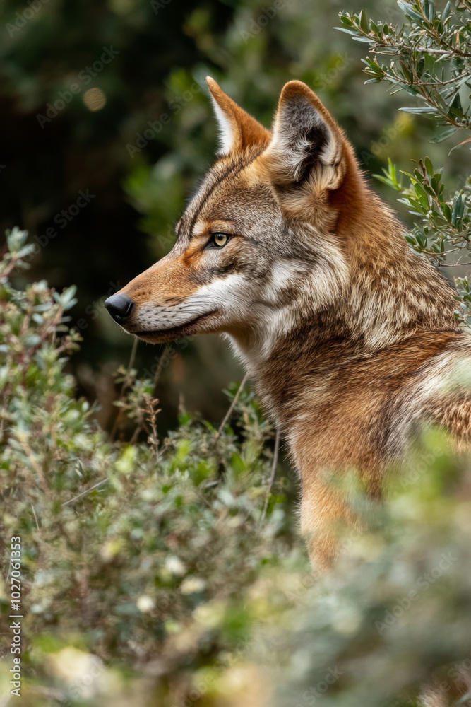 A coyote observes its surroundings in a lush green habitat during daylight A coyote observes its surroundings in a lush green habitat during daylight