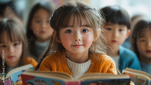 A young girl is reading a book in front of a group of children. Concept of learning and curiosity, as the girl is engaged in reading and the other children are watching her