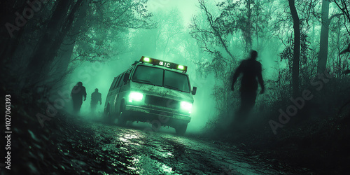 Eerie forest scene with an ominous ambulance driving through fog, silhouetted figures in the distance under a greenish glow.