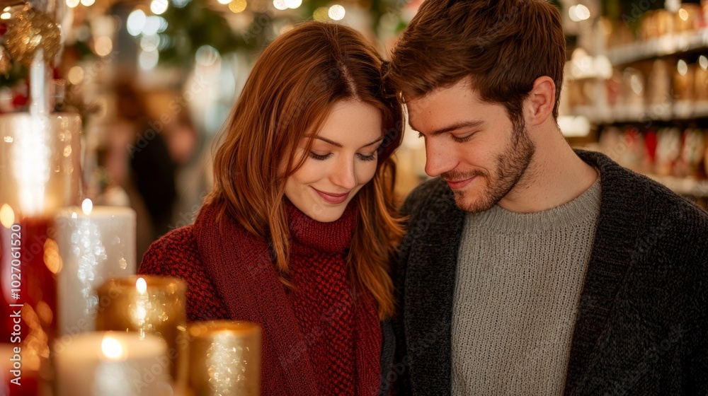 Couple enjoying a romantic moment while shopping for candles in a festive atmosphere, cheerful and cozy. Couple enjoying a romantic moment while shopping for candles in a festive atmosphere, cheerful and cozy.