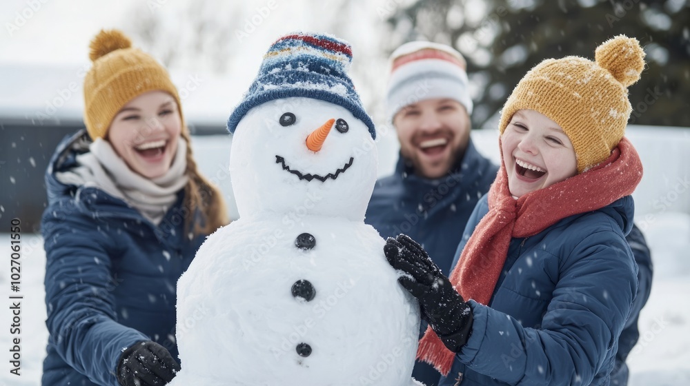 Group of friends joyfully building a snowman on a winter day with snowflakes falling. Group of friends joyfully building a snowman on a winter day with snowflakes falling.