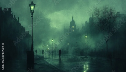 A foggy, mysterious street scene at night with a lone figure walking.