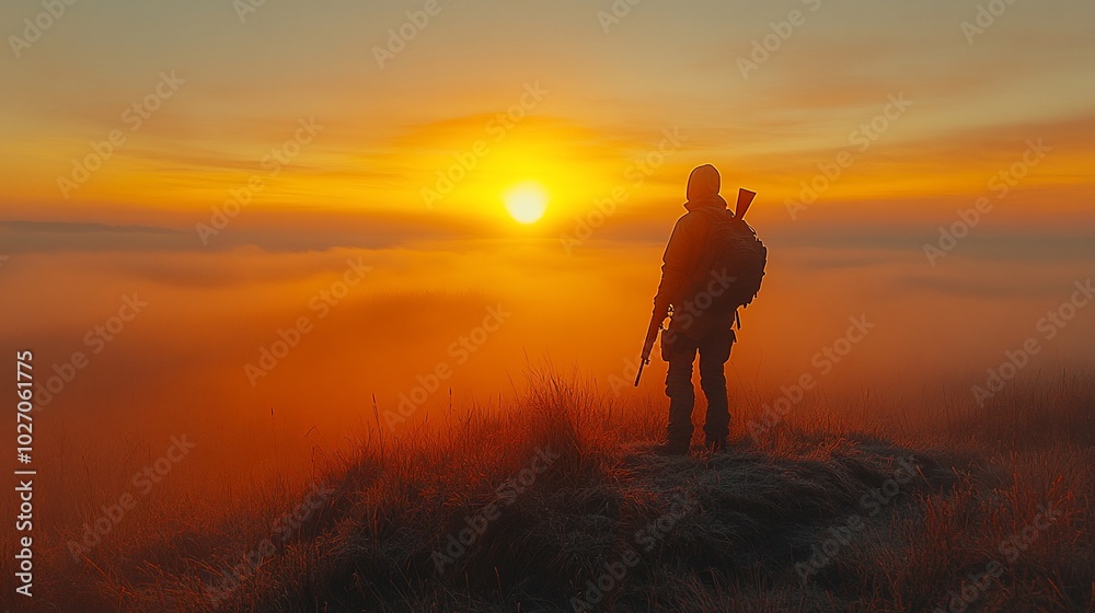 A lone hunter stands on a mountain top, silhouetted against a fiery sunrise. He holds a rifle and wears a backpack, looking out over a vast expanse of clouds. A lone hunter stands on a mountain top, silhouetted against a fiery sunrise. He holds a rifle and wears a backpack, looking out over a vast expanse of clouds.
