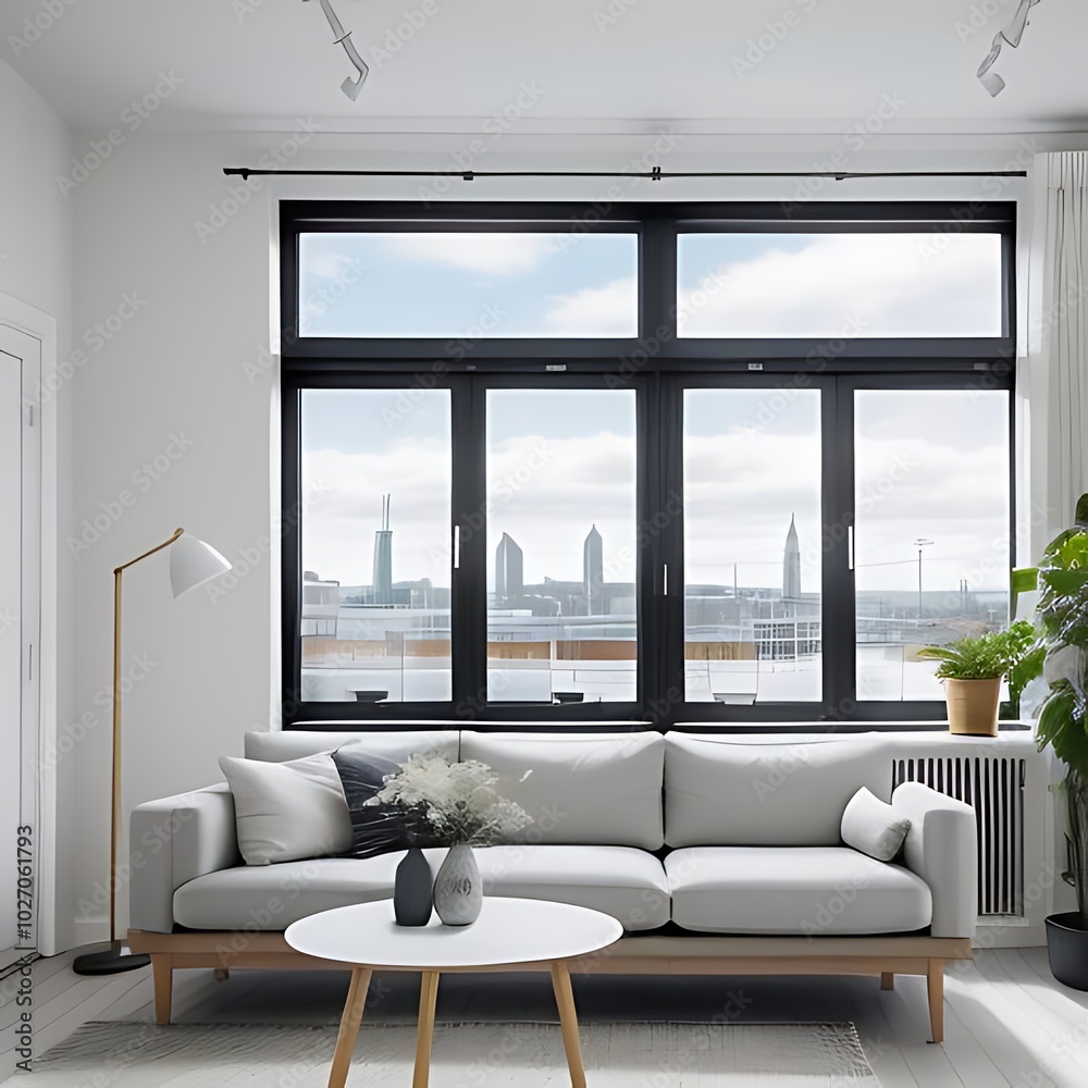 Fototapeta premium Minimalist living room with panoramic city view.