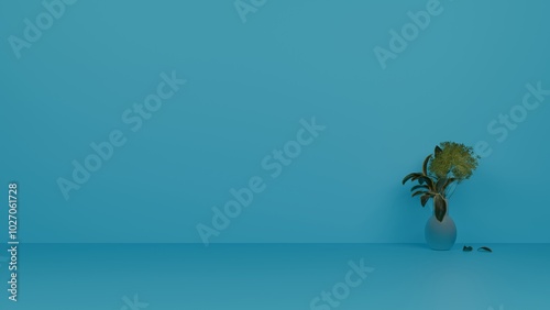 Plant against a Marina wall mockup. Blue wall, Plant, 3d illustration, plant and simple wall, background