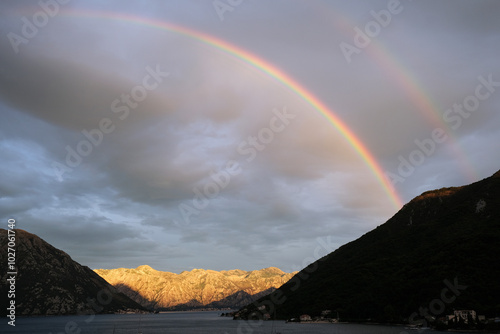 Rainbow during rain in the Bay of Kotor