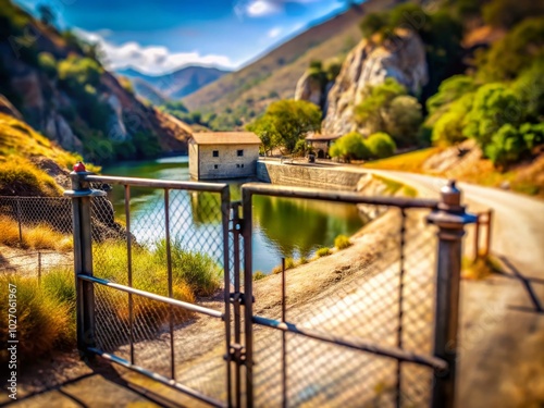 Tilt-Shift View of a Dam Gate in Malibu Creek State Park with a Hole in Razor Wire Fence photo