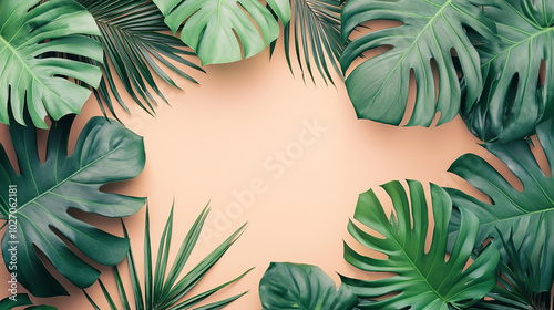 A tropical botanical background with copy space oversized, lush green palm leaves and monstera plants around edges framing a soft muted peach background vacation theme center area photo