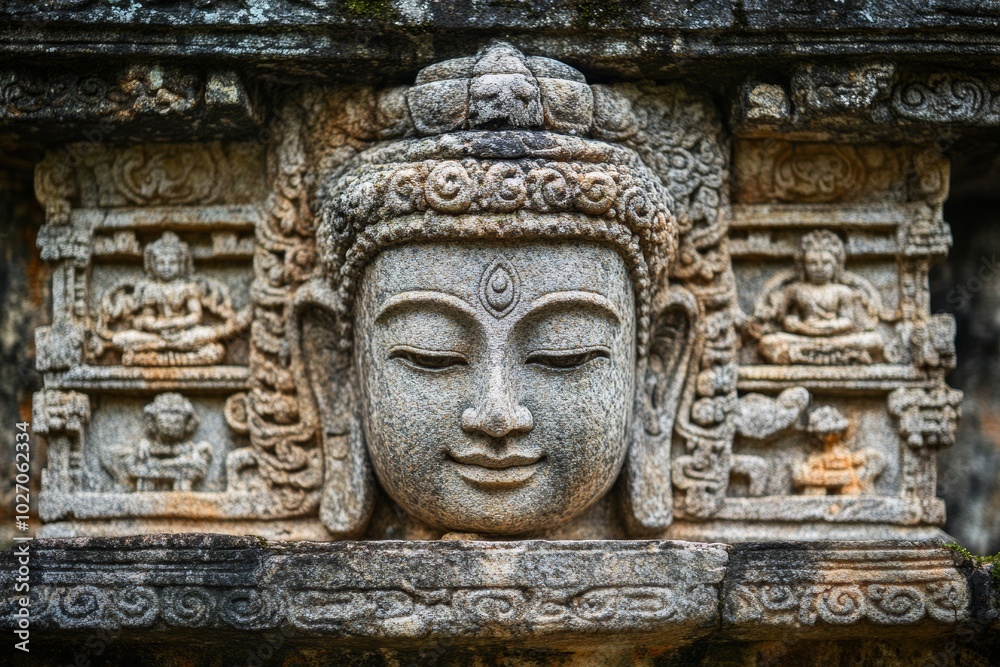 Close-up of a serene stone Buddha head sculpture with intricate carvings, set against a weathered stone backdrop. Close-up of a serene stone Buddha head sculpture with intricate carvings, set against a weathered stone backdrop.