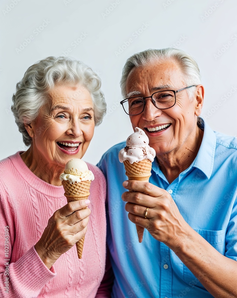 grandparents enjoying ice cream cones on plain white background