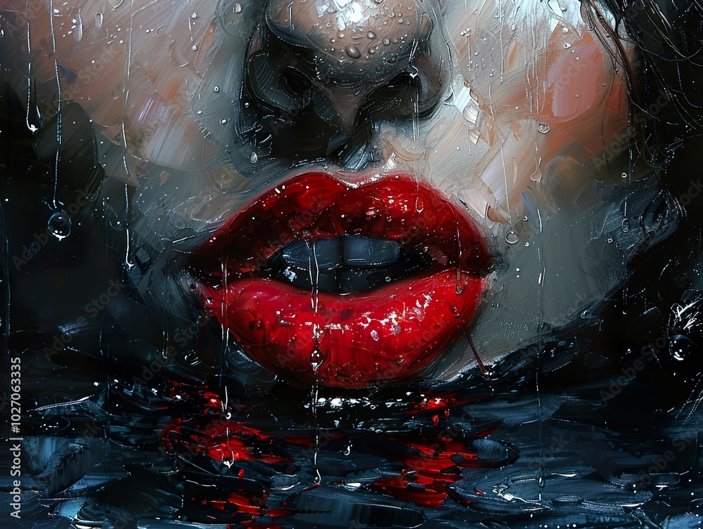 Fototapeta premium Sensual Red Lips in the Rain - Close Up Portrait Painting