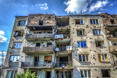 Traces of Conflict: Artillery Shell Impact on Residential Wall in Irpin, Ukraine photo