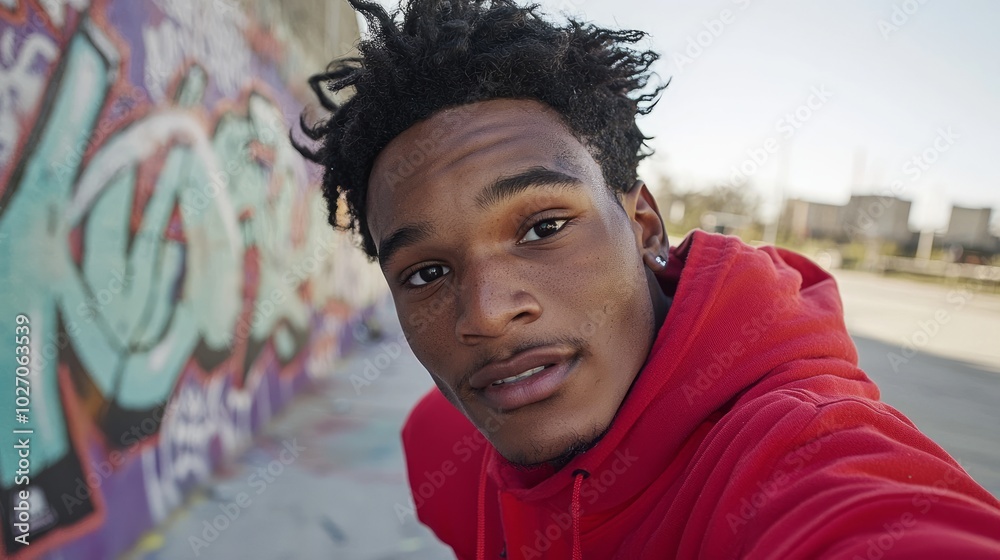 Young man in a red hoodie poses confidently in front of colorful graffiti, vibrant urban lifestyle. Young man in a red hoodie poses confidently in front of colorful graffiti, vibrant urban lifestyle.