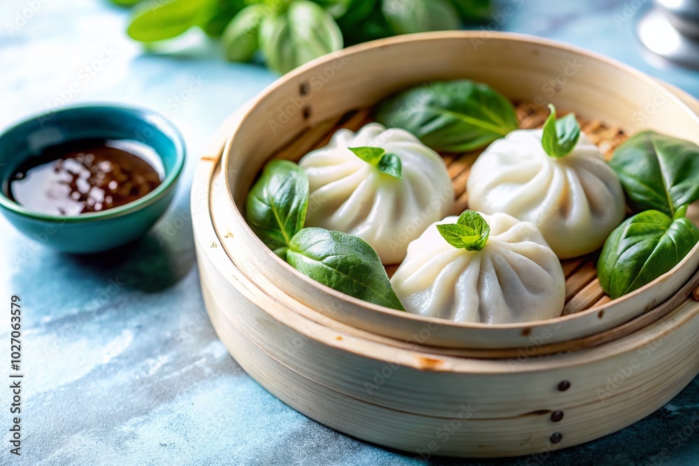 Traditional Chinese Steamed Buns in Bamboo Steamer with Soy Sauce and Basil Leaf – Delicious Asian Cuisine Traditional Chinese Steamed Buns in Bamboo Steamer with Soy Sauce and Basil Leaf – Delicious Asian Cuisine