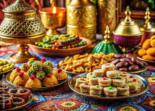 Traditional Henna Holiday Sweets: Colorful Cookies with Nuts and Sesame in Gold Utensils