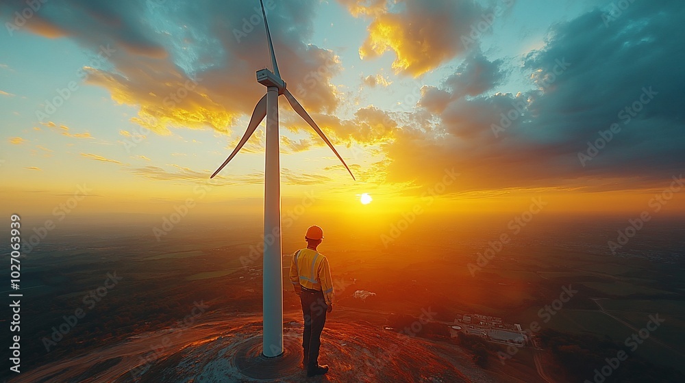 A lone worker in a hard hat stands at the base of a wind turbine, watching the sunset. A lone worker in a hard hat stands at the base of a wind turbine, watching the sunset.