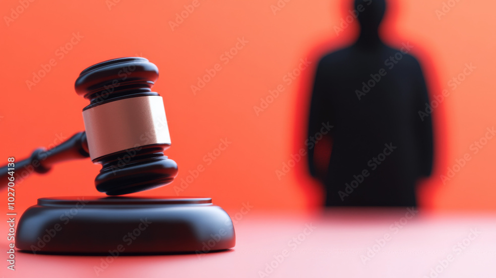 Legal gavel in focus with a silhouetted figure in the background at court Legal gavel in focus with a silhouetted figure in the background at court