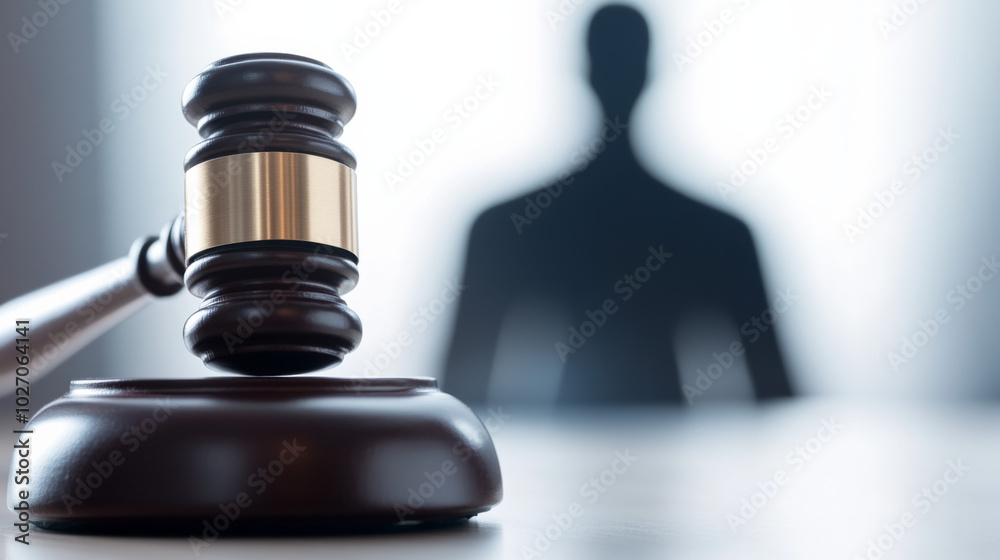 Courtroom setting with gavel in focus and a figure in the background Courtroom setting with gavel in focus and a figure in the background