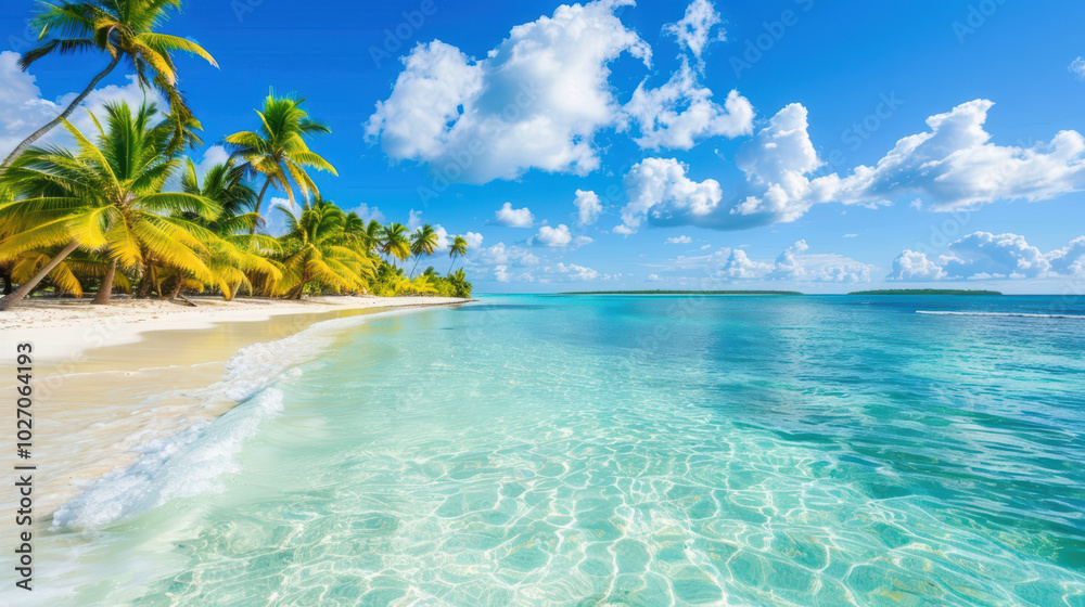 Naklejka premium serene tropical beach scene featuring clear turquoise waters, soft white sand, and lush palm trees under bright blue sky with fluffy clouds. This picturesque landscape evokes sense of tranquility and