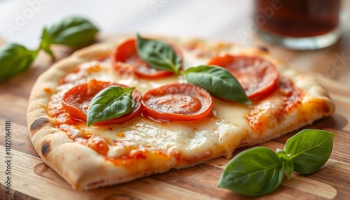 A slice of pepperoni pizza with melted cheese and basil leaves on a wooden board.
 photo