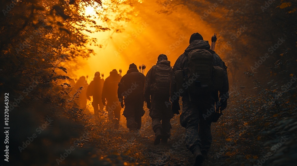 Fototapeta premium A group of hikers walk through a misty forest at sunrise, their silhouettes illuminated by the golden light.