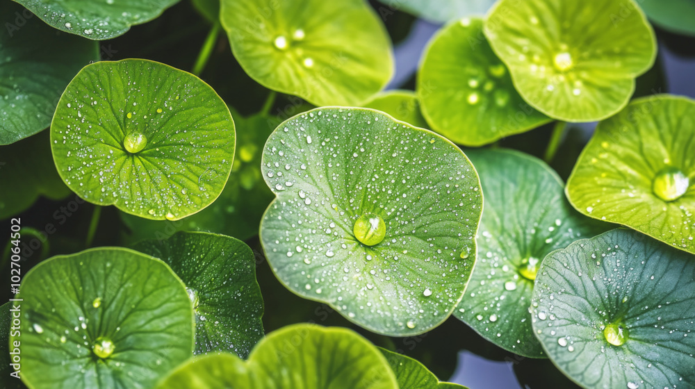 Lush green leaves with droplets in a serene pond during daylight hours Lush green leaves with droplets in a serene pond during daylight hours