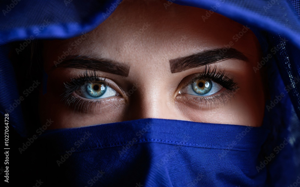  person's face with vibrant, piercing blue eyes. The eyes are the central focus, capturing the viewer's attention immediately. 