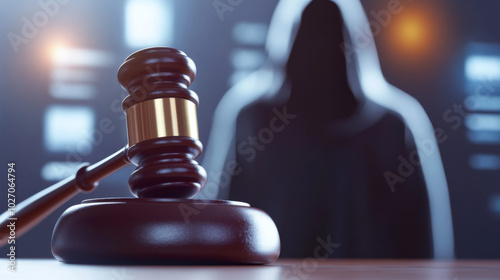 Mysterious figure behind gavel in a dimly lit courtroom setting photo