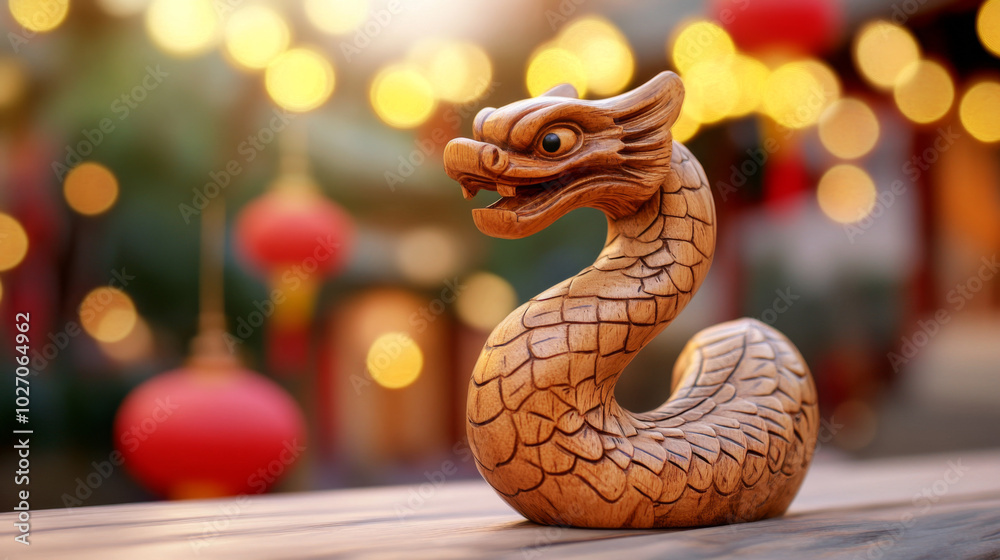 A detailed wooden dragon carving displayed in a festive setting with lanterns A detailed wooden dragon carving displayed in a festive setting with lanterns