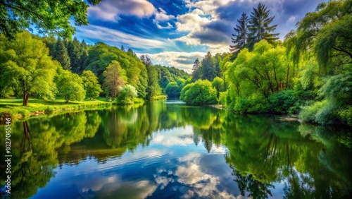 Tranquil Summer Landscape with Long Exposure Forest Pond Reflection