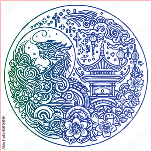 lunar new year,Chinese dragon,
Dragon with round shield, cut, out vector, silhouette,
fantasy, mythology, reptile, tattoo, characters, clip art, cut out, luxury, mascot, medieval, monochrome, prosperi