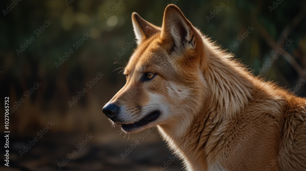 a wild dingo bathed in sunlight, its reddish-brown fur gleaming. The dingo's lean and muscular build suggests a life of hunting and survival.