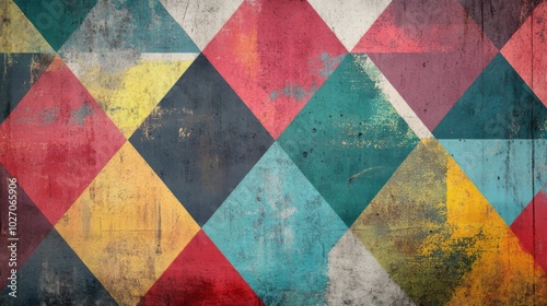 Abstract geometric pattern of colorful triangles on a grungy textured background.