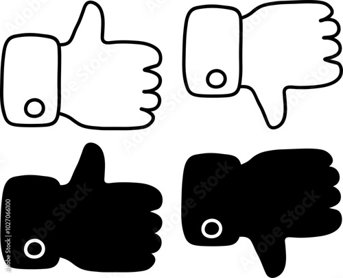 Thumbs up and thumbs down vector icons set, hand gesture symbols for approval and disapproval, black and white line art and filled design, rating or feedback concept illustration