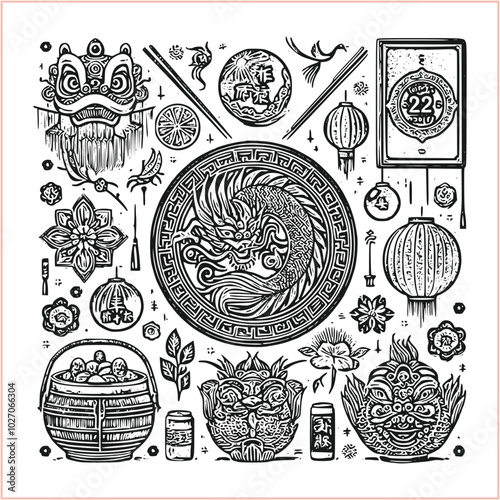 lunar new year,Chinese dragon,
Dragon with round shield, cut, out vector, silhouette,
fantasy, mythology, reptile, tattoo, characters, clip art, cut out, luxury, mascot, medieval, monochrome, prosperi