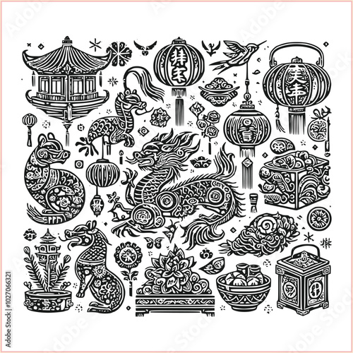 lunar new year,Chinese dragon,
Dragon with round shield, cut, out vector, silhouette,
fantasy, mythology, reptile, tattoo, characters, clip art, cut out, luxury, mascot, medieval, monochrome, prosperi